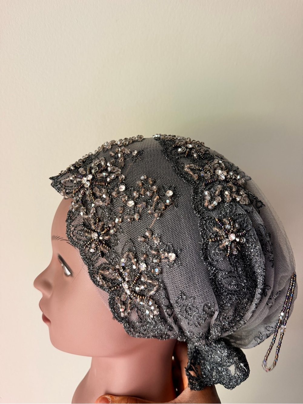 Embellished Black Lace Headscarf with Beaded Detail